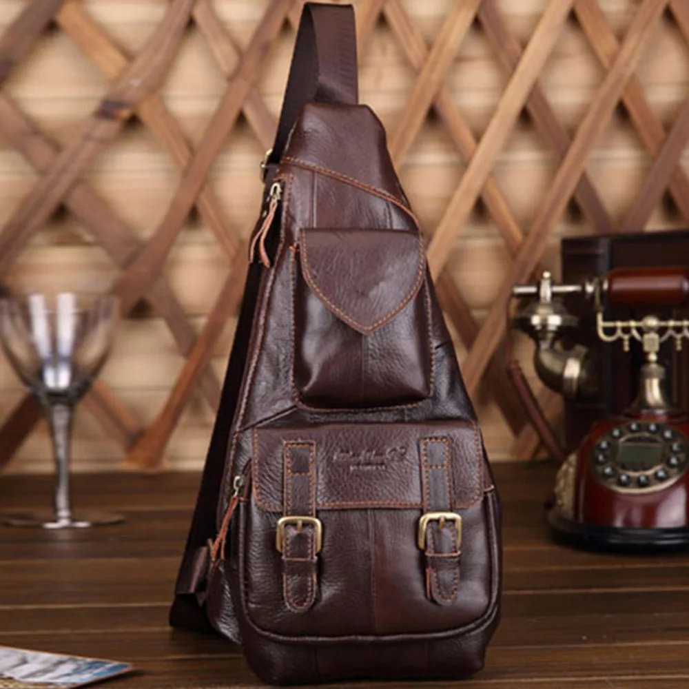 

Genuine Leather Chest Backpack Daypack New Designer Retro Men Shoulder Bag Triangle Casual Real Cowhide Single Knapsack Rucksack