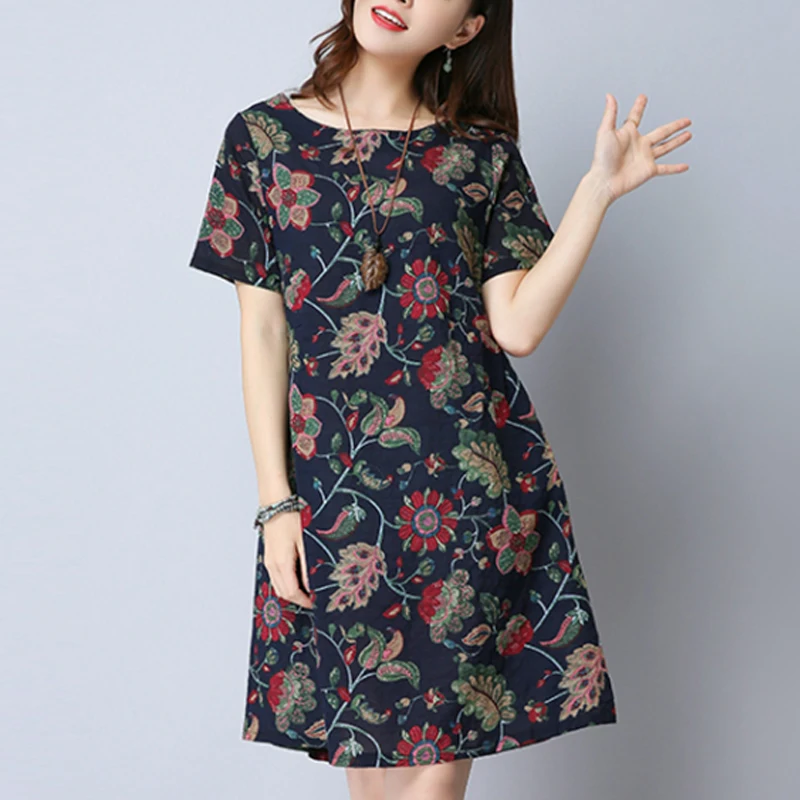 

Summer Women Mini Dress Short Sleeve Cotton Linen Print O-neck Loose Dress Chinese Vintage Elegant 5XL Short Shift Vestidos 2019