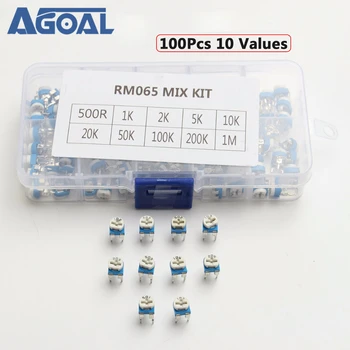

100Pcs 10 Values Variable Resistor 500R To 1M RM065 Carbon Film Horizontal Trimpot Potentiometer Assortment Kit Free Shipping