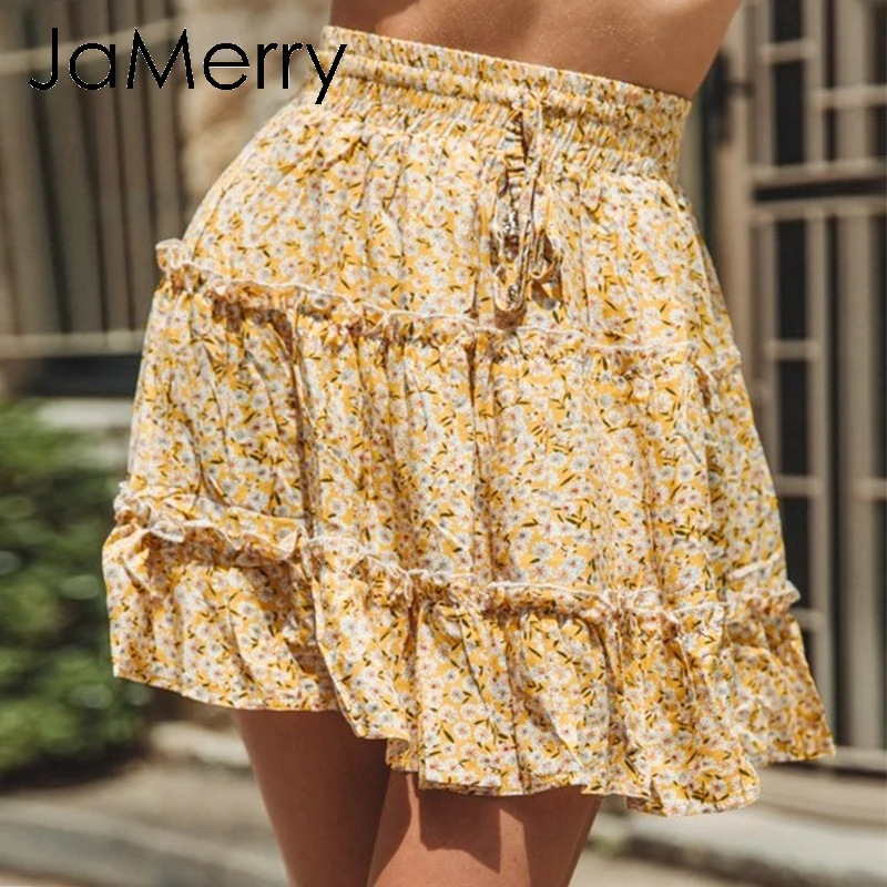 JaMerry/винтажная богемная Женская юбка с оборками эластичная мини высокой талией в
