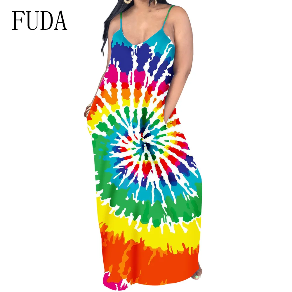 FUDA Casual Vintage Classic Loose Maxi Dress Printing Sleeveless V Neck Floor Length Summer Beach Party Long Dresses Female