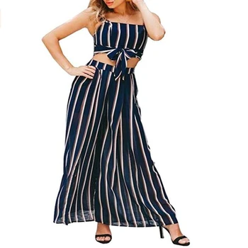 

Boho Women Stripe Suits Strap Off-Shoulder Crop Top + High Waist Loose Wide Leg Pants Trousers Two-Piece Sets