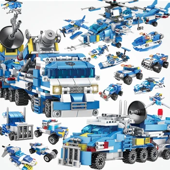 

For GSBAN City Police Multiple Forms Vehicle Motorbike Car Helicopter Building Blocks Set Model Brick Toys For Children Boys