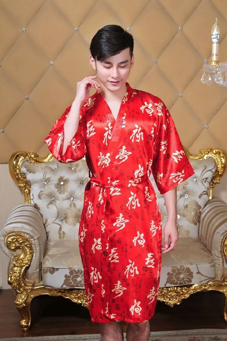 Китайский Fu(Happy) Lu(Wealth) Shou(Longevity) Мужской Красный шелковый халат и пижамы