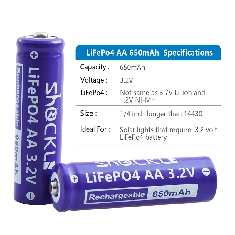 

2pcs/ lot Shockli Lifepo4 3.2V 14500 Rechargeable battery AA Lithium ion Battery Cell 650mAh for Camera and Solar Led Light