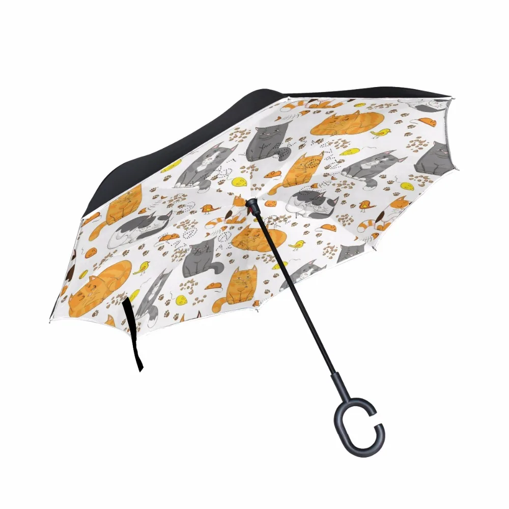 

C-Hook Reverse Umbrella Smiling Cats Windproof Double Layer Long Shank Inverted Creative Customized Rain Protection Travel Size
