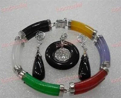 

Multicolor Jade Link Bracelet Black Jade Pendant Necklace Earring set >>18K gold plated watch wholesale Quartz stone CZ crystal