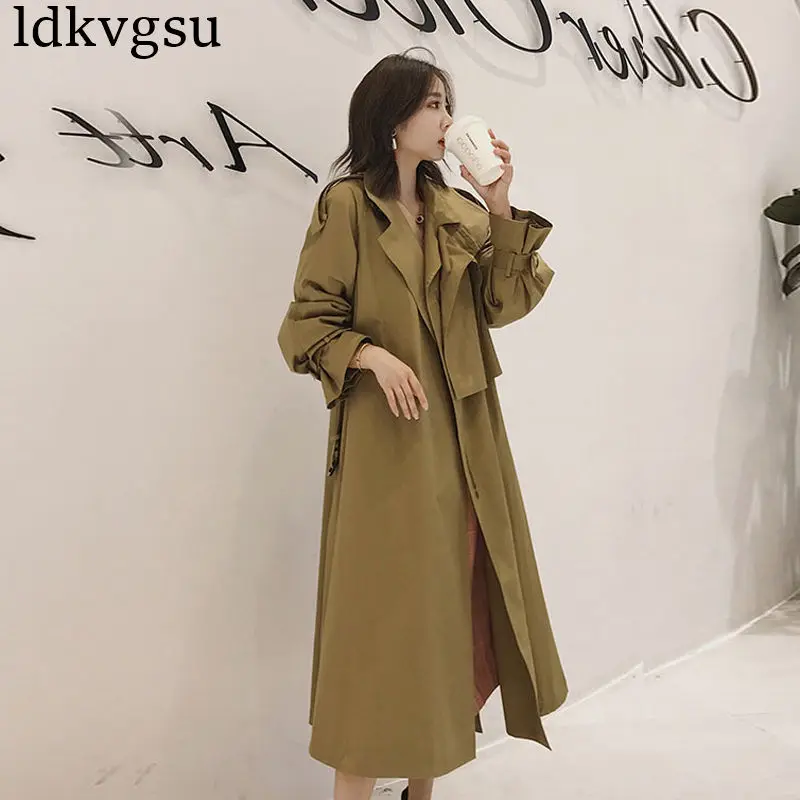 

2019 NEW Korean Women's Spring Autumn Trench Coat Long Section Chic Khaki Windbreaker Female with Belt V243