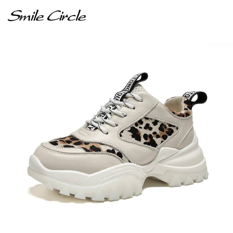 Meilleur Sourire Cercle Sneaker Femmes Plate Forme chaussures En Cuir Véritable à lacets Léopard décontracté en plein air Dames Sneaker