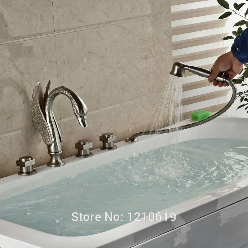 

Newly Swan Style Shower Tub Faucet w/ Hand Sprayer Nickel Brushed Bathtub Mixer Faucet Tap Three Handles