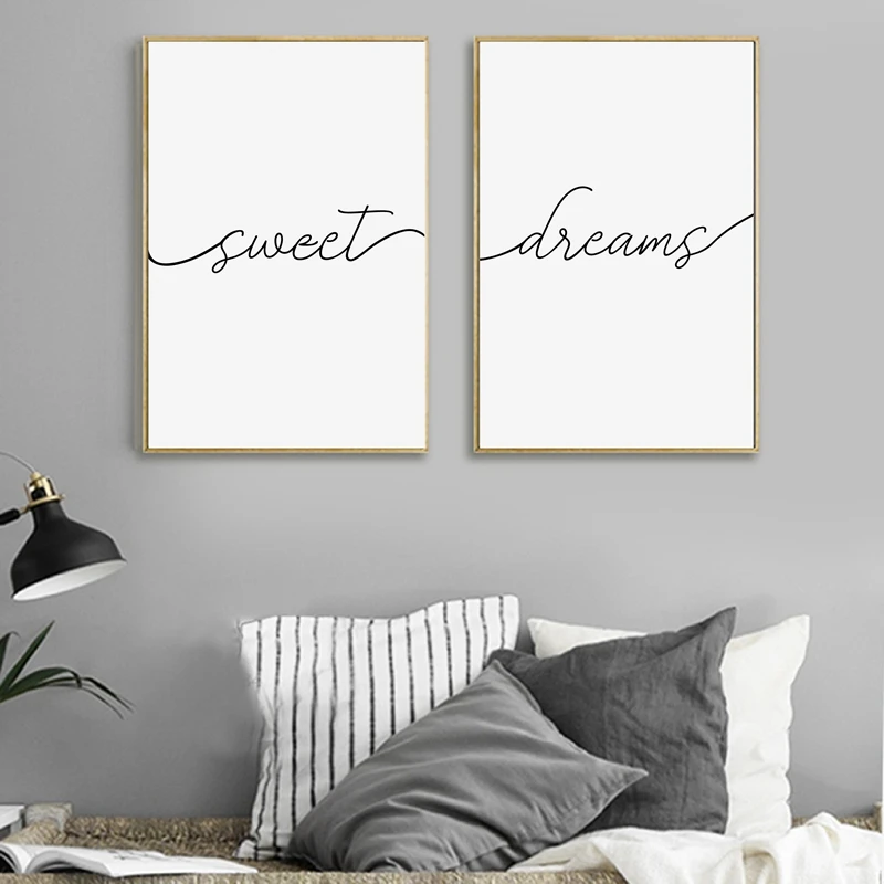 Sweet Dreams Print Typography Poster Bedroom Modern Black White Minimalist Canvas Painting Prints