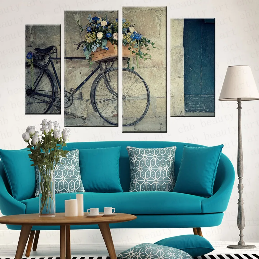 4 Panel Vintage Bicycle Printed Painting Canvas Picture Wall Pictures