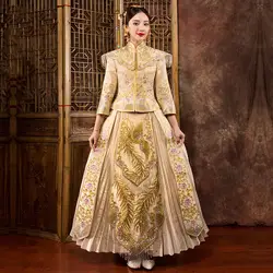 Шампанское горный хрусталь Феникс Cheongsam древняя леди брак платье высокое качество вышивка китайское платье невесты тост одежда