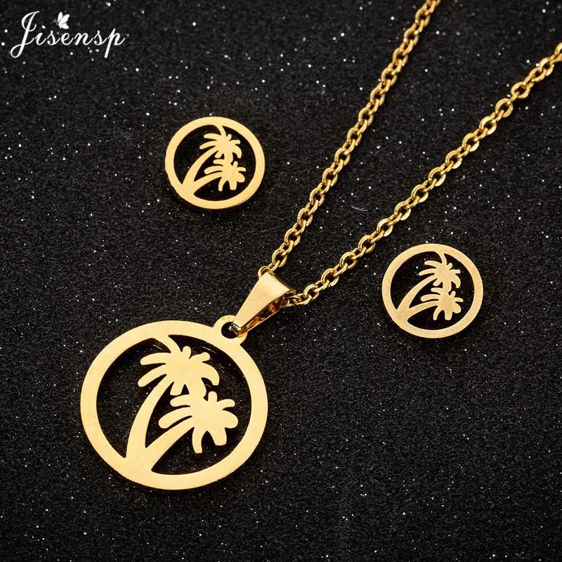 

Jisensp 2019 Bohe Style Coconuts Stainless Steel Simple Round Trees Charm Necklace Earrings Fashion Jewelry for Women Girls Gift