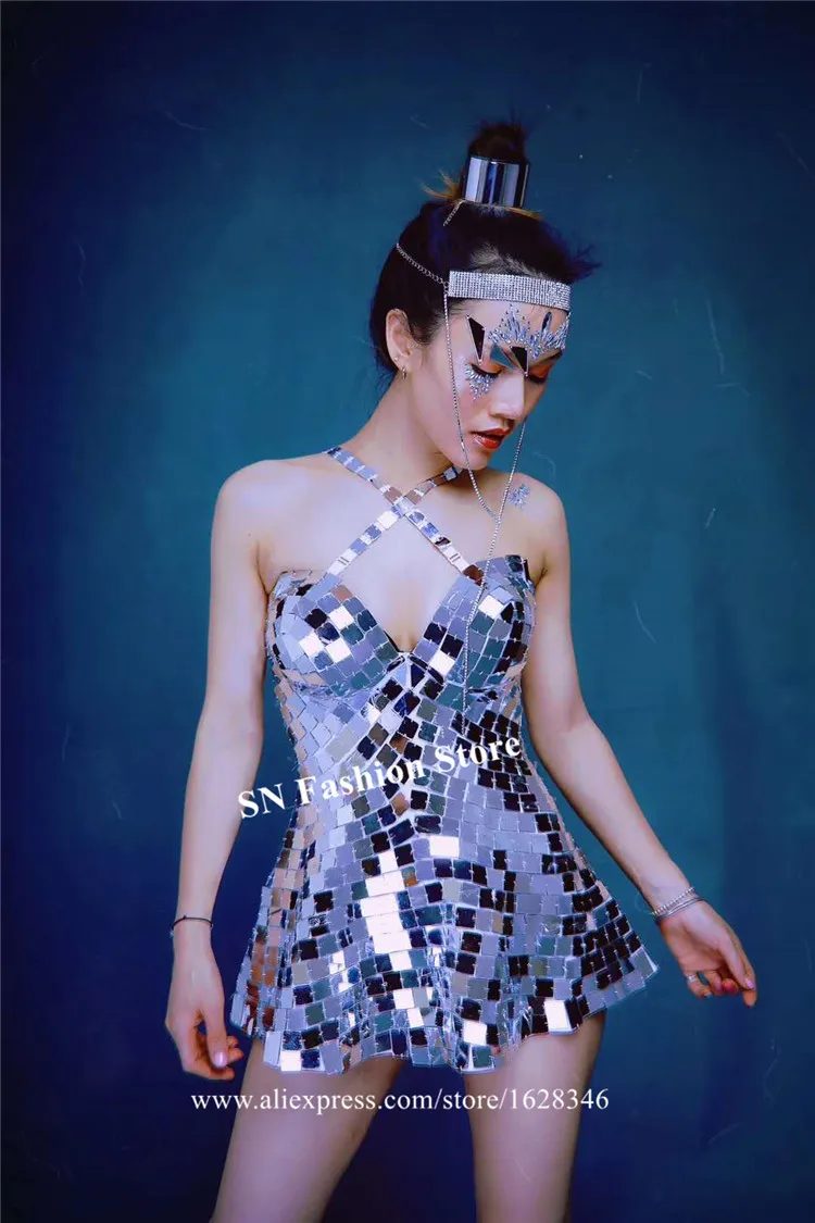 P66 Singer костюмы для сценических выступлений серебряное зеркальное платье Женская юбка для танцев на шесте блестящее зеркальное боди бар для