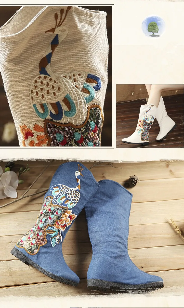 Модные ботинки в винтажном стиле с этническим цветком; сезон зима-весна-осень; Женская хлопковая обувь до колена без шнуровки