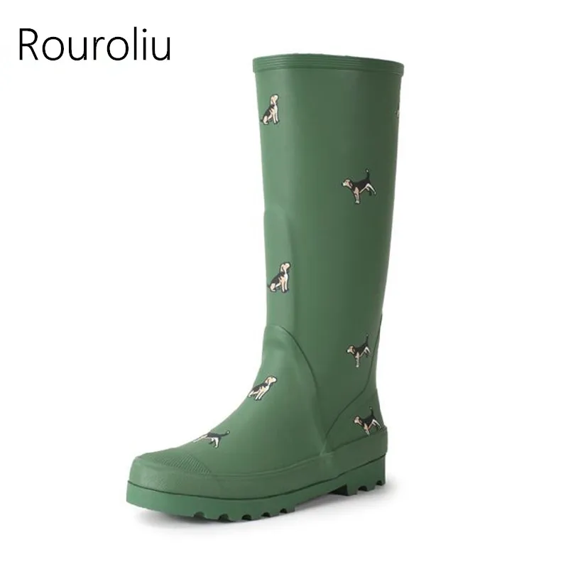 Comprar Rouroliu Botas de lluvia de goma de las mujeres Anti slip animales imprimir Botas de lluvia alto botas hasta la rodilla de alta zapatos de agua zapatos mujer TS176
