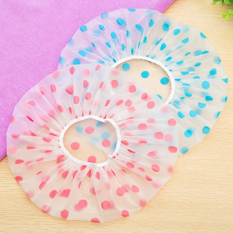 

PVC Fashion Reusable Thick Waterproof Shower Cap Dot Printed Hat for Cosmetic Care Bath Kitchen