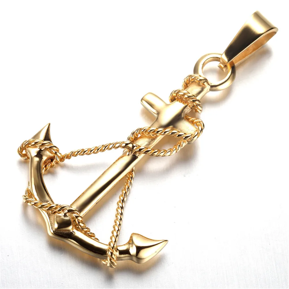 Mens Gothic Biker Stainless Steel Pendant Necklace, Anchor, Gold KR5641