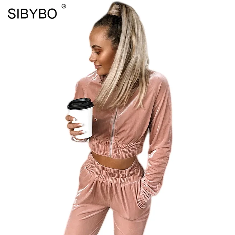 

Sibybo Autumn Long Sleeve Velvet Two Piece Set Women V-Neck Zipper Slim Short Crop Top and Pants Pockets Casual Tracksuit Women