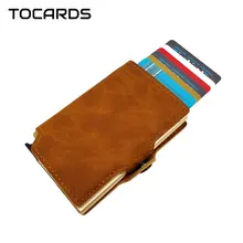 RFID Блокировка винтажный автоматический кожаный кредитный держатель для карт мужской металлический алюминиевый сплав Бизнес ID визитница тонкий кошелек