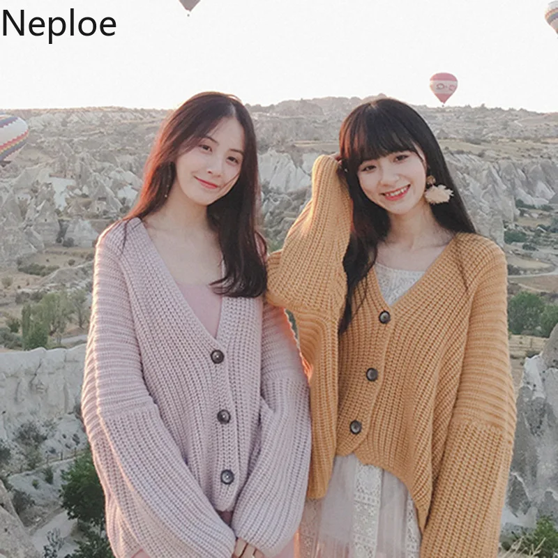 

Neploe 2019 Korean Women Sweater Cardigan Single Breasted V-neck Knitted Cardigans Knit Sweaters Autumn Winter Solid Tops 53801