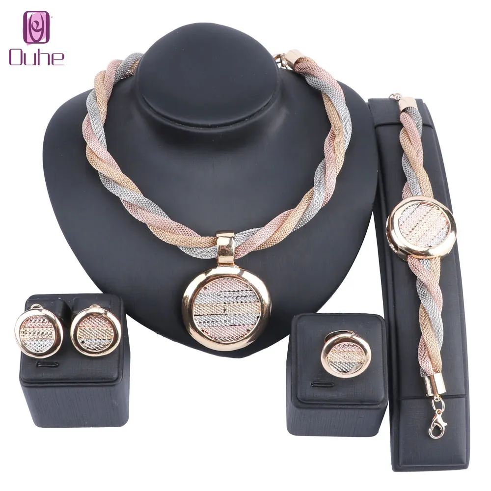 Bridal Gift Nigerian Wedding Jewelry Set Fashion Dubai Crystal Costume Design Round 3 Color Necklace Ring Sets | Украшения и