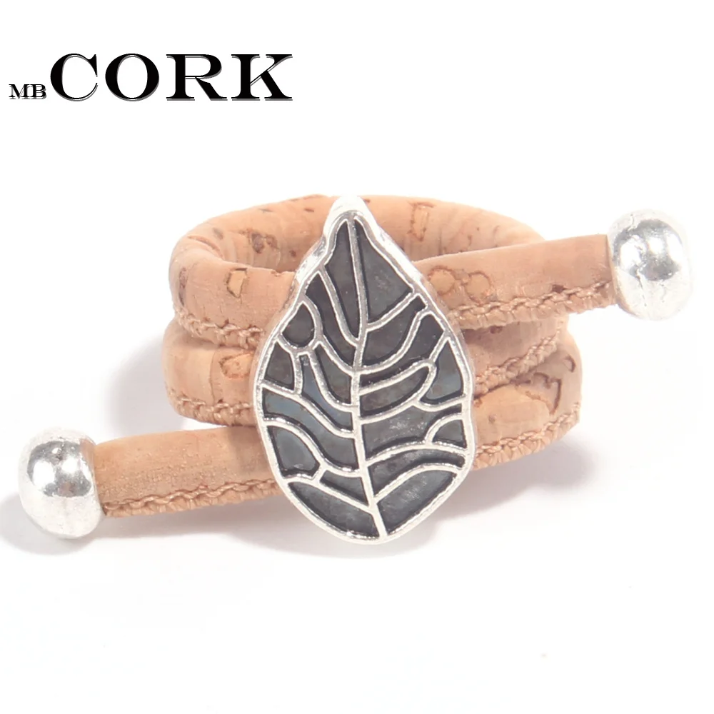 

Natural cork Antique sliver Leaves vintage women cork Ring original adjustable handmade wooden vegan jewelry HR-019
