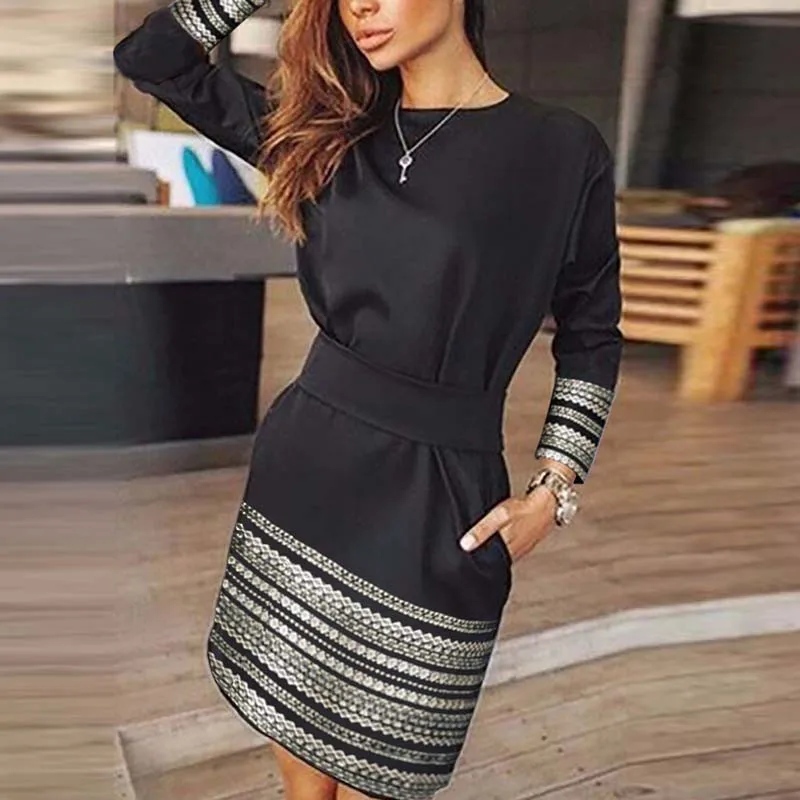Long sleeve print black dress Elegant women spring autumn office dress Ethnic vintage slim casual dress without belt  NS4219