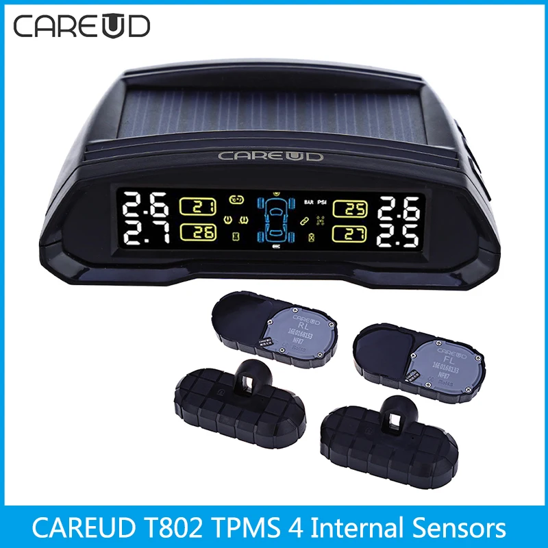 

CAREUD T802 433.92MHz Wireless Auto Car TPMS Solar Power Tire Pressure Monitoring System Tyre Alarm System 4 Internal Sensors