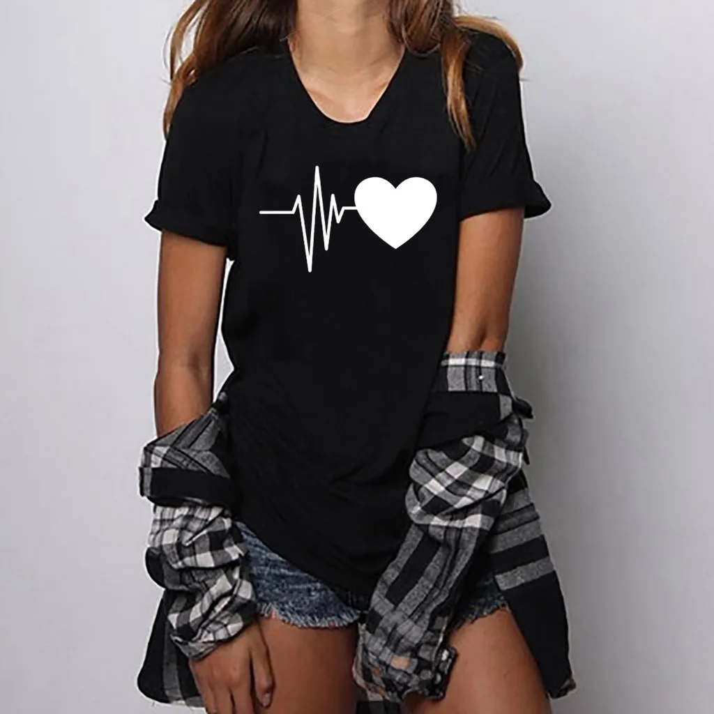Женская блузка Футболка летняя модная свободная футболка с короткими рукавами и принтом сердца для девочек Повседневная футболка с круглым вырезом для девочек