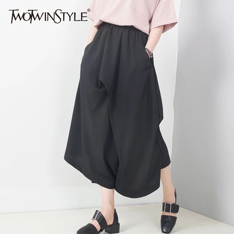 

TWOTWINSTYLE Ruched Trousers High Waist Elastic Patchwork Pocket Asymmetrical Long Wide Leg Pants Spring Tide Clothing 2019