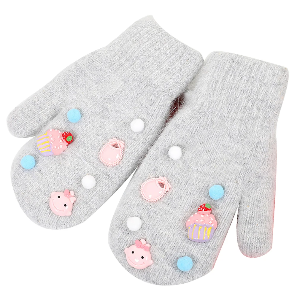 Детский мультяшный значок с помпоном для девочек, перчатки с полными пальцами, зимние теплые варежки - Цвет: Grey