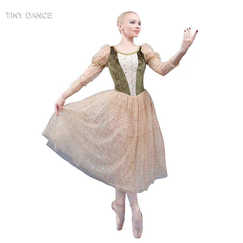 Золотое романтическое балетное танцевальное платье-пачка с длинными рукавами детский и взрослый сценический костюм для шоу 18036