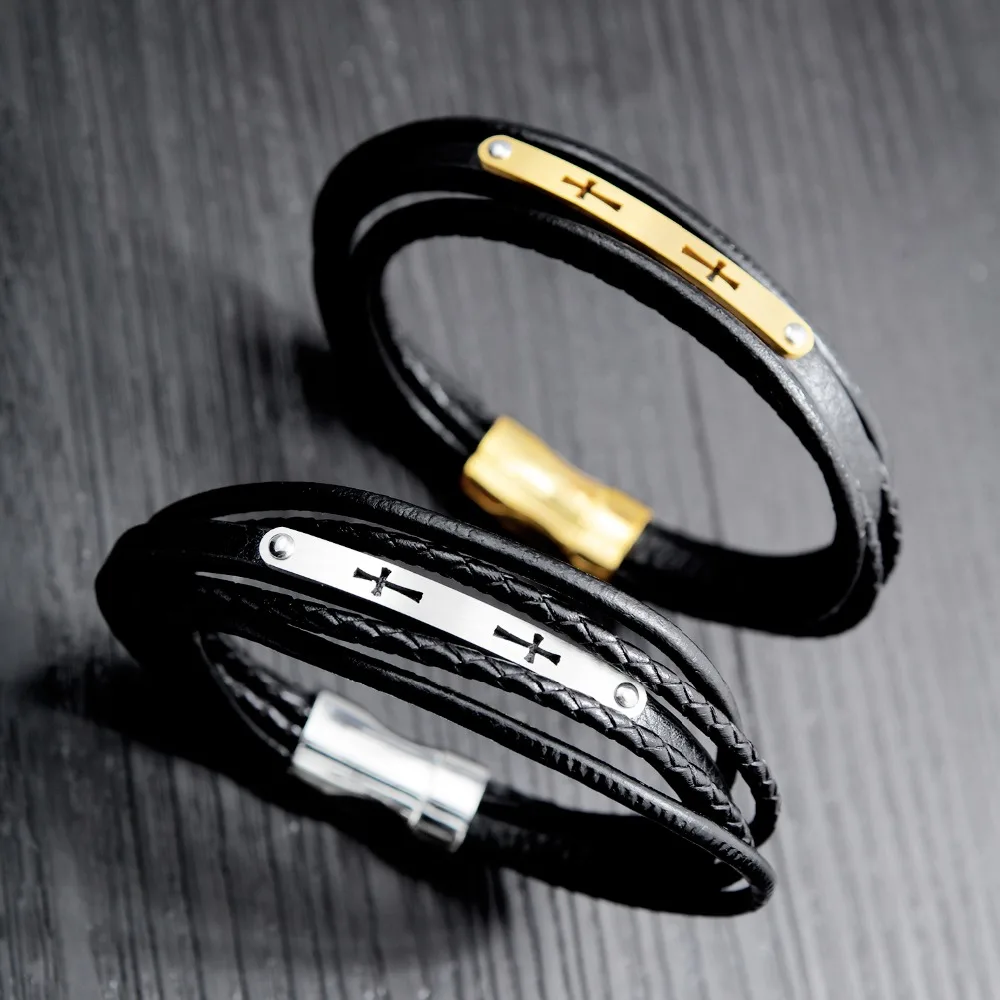 FATE LOVE New Male Men Statement Wrap Bracelets & Bangles Jewelry Black PU Leather Cross Wristlet Fashion Jewelry