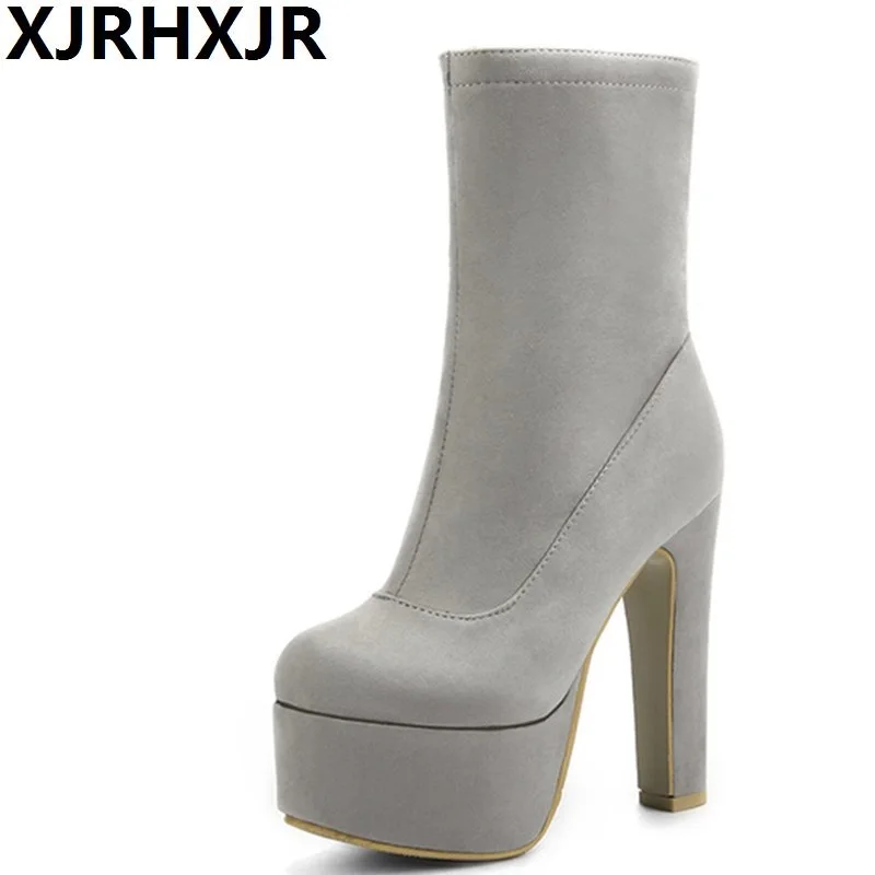 

New Sexy Women Boots Fashion Platform Square High Heels Black Red Mid Calf Boots For Woman Flock Party Nightclub Ladies Shoes