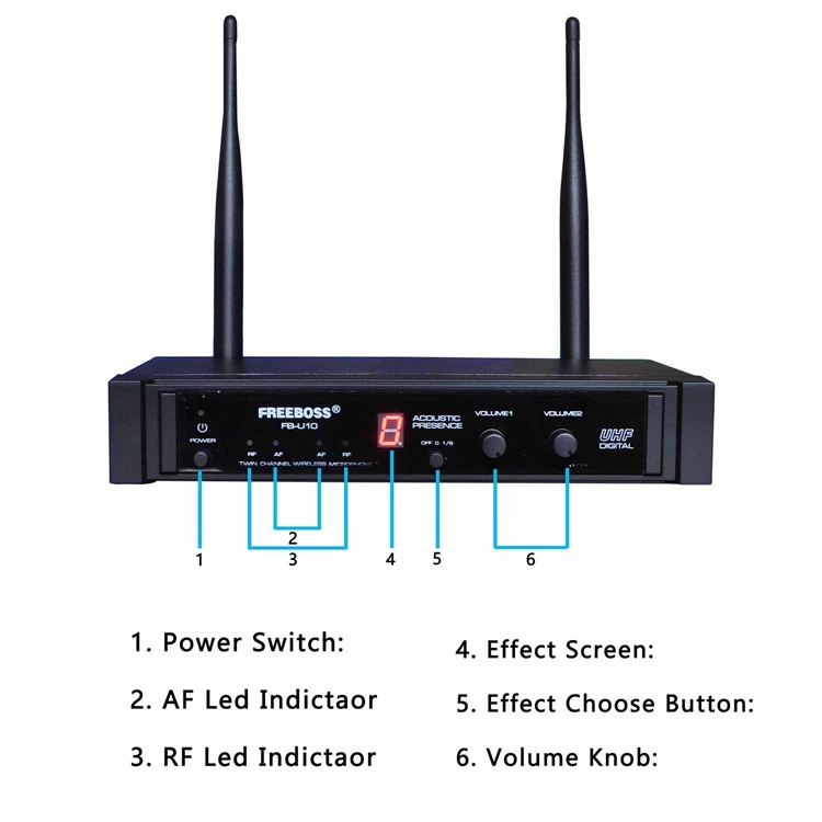 Freeboss FB-U10 Dual Way Karaoke Meeting Church School Sing 2 Metal Handhelds UHF Wireless Microphone