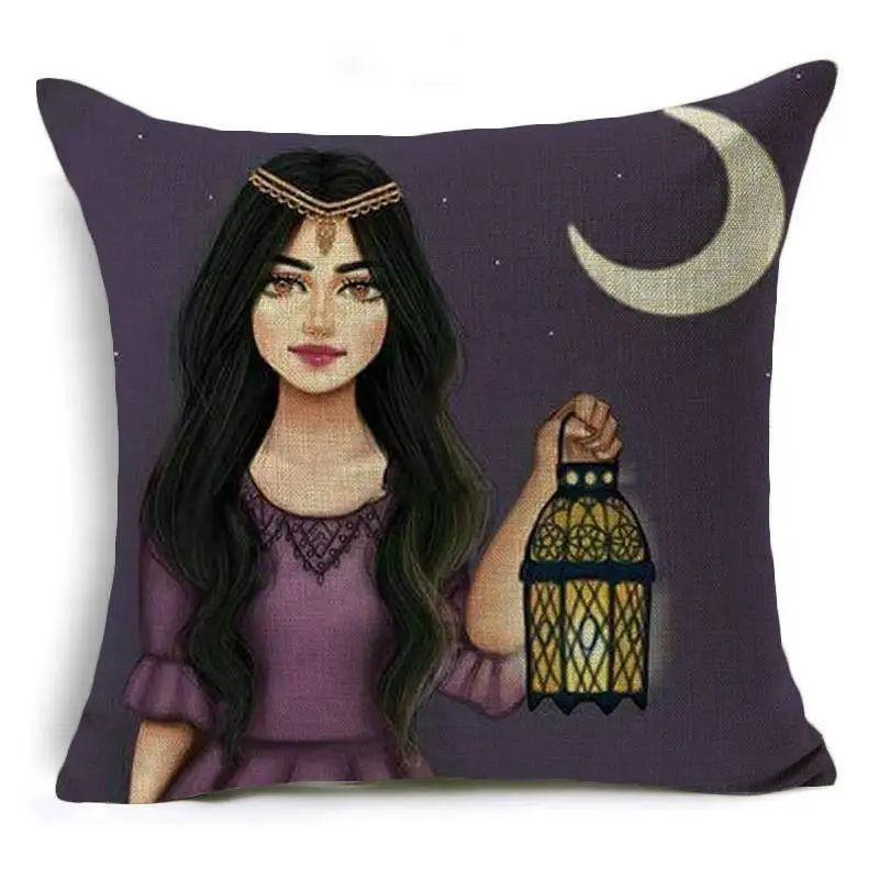 Hot Zara*Women Printed Beauty Girls Cushion Cover 45x45cm Linen Ramadan Lantern Throw Pillow Covers Cushions Home Decor Kussens