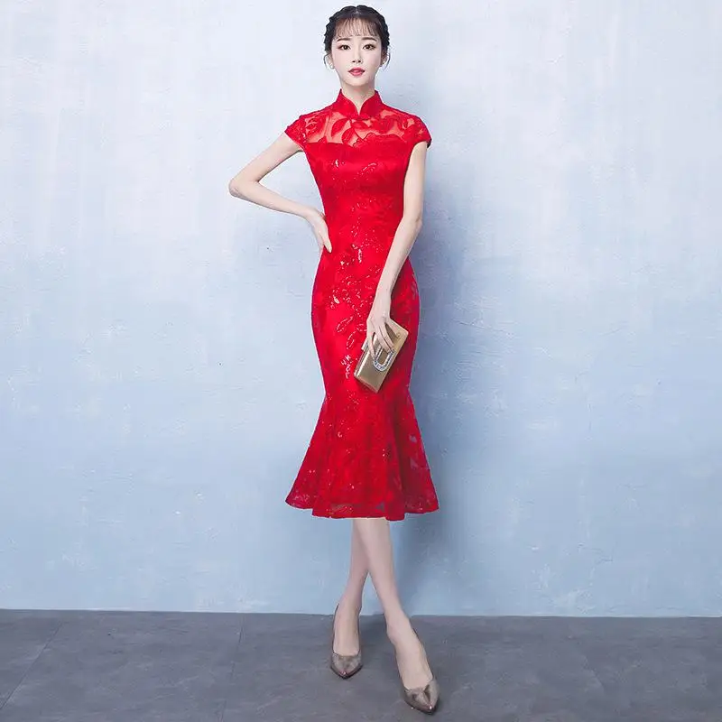 Элегантное женское однотонное кружевное платье Cheongsam Vestidos, винтажное улучшенное платье Qipao, Классические Вечерние платья, Восточное женское вечернее платье русалки - Цвет: Red2
