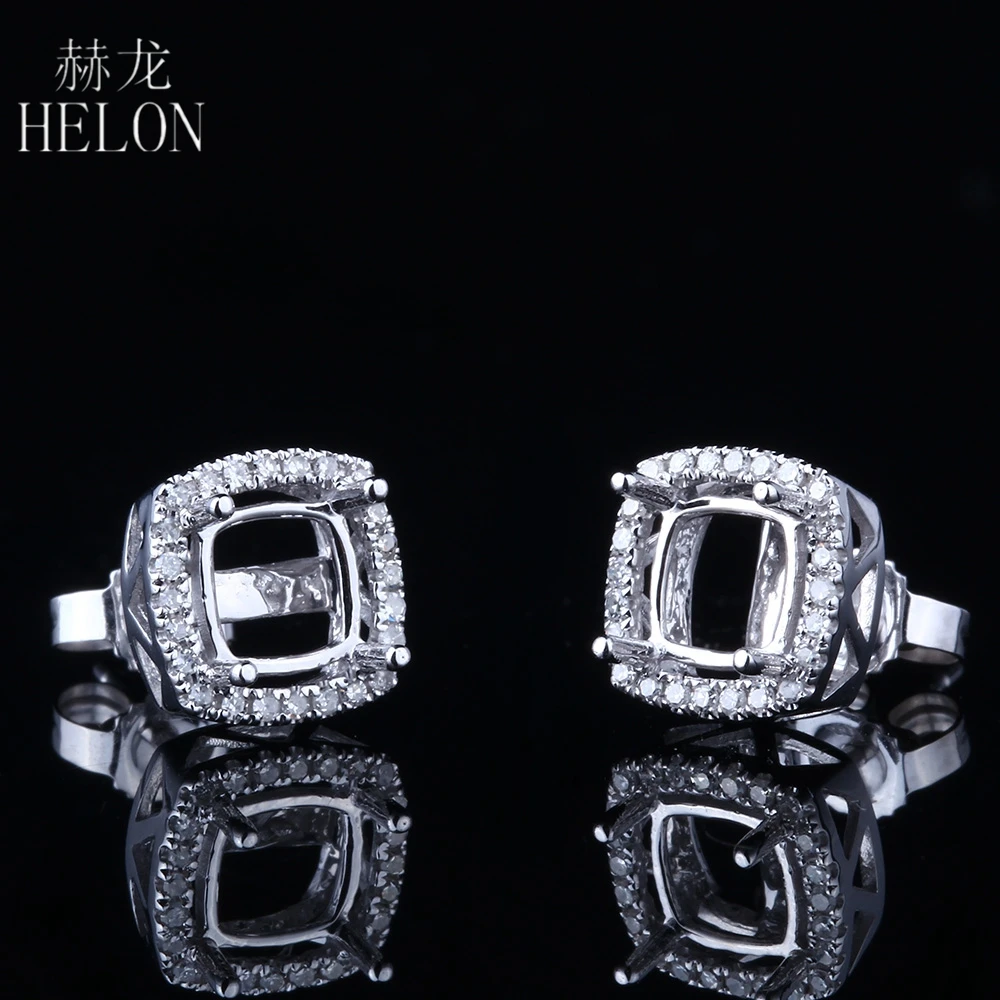 

HELON Solid 10K White Gold 5mm-6.75mm Cushion Cut Semi-Mount Setting Women Fine Real Diamonds Stud Earring For Women's Jewelry