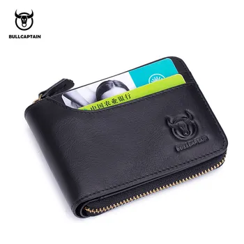 

BULLCAPTAIN RFID Arrival Mens Wallet Vintage 7 Card Holder Cowhide Coin Purse Designer Brand Leather Zipper Short Wallets