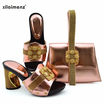 

2019 Leisure Style Super High Heels African Shoes with Matching Bag for Woman Italian Shoes and Bag Set in Peach Color