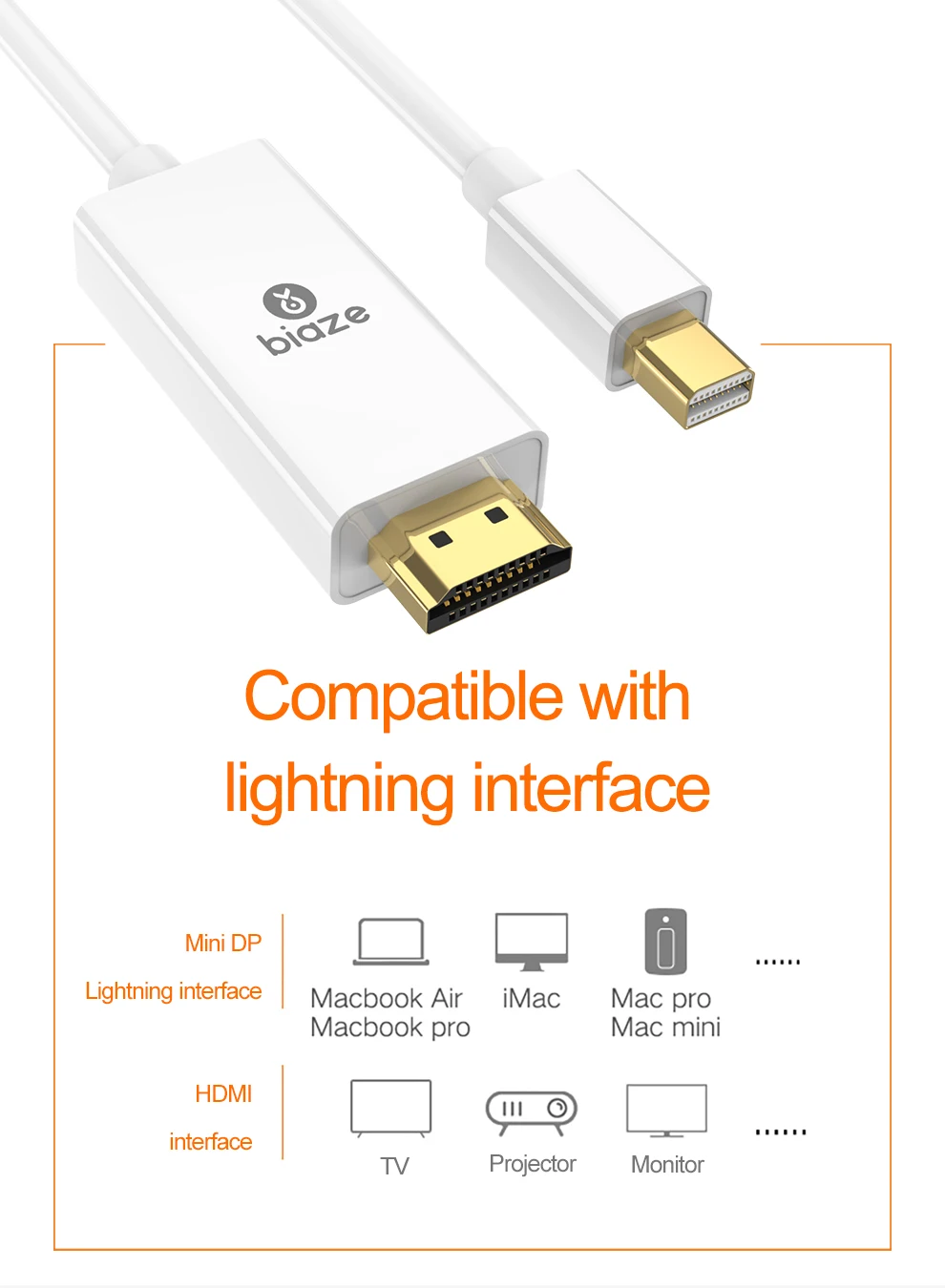 Biaze Mini DisplayPort to HDMI адаптер dp-кабель мини Thunderbolt HDMI конвертер для MacBook Air 13 Surface Pro 4 Thunderbolt 2 k