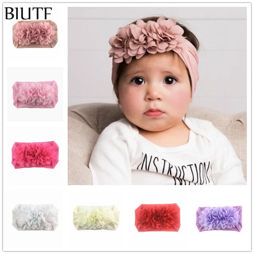 

1pcs/lot 8.5cm Wide Nylon Elastic Headband with Triple 7cm Chiffon Flower Kids Gorgeous Headwear Accessories HB075