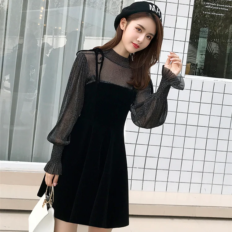 black dress with sheer long sleeves