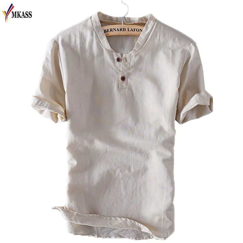 

Mens Pullover Linen Shirts Short Sleeve Summer Mens Casual Shirts Slim fit Solid Cotton Shirts Plus Size M-5XL