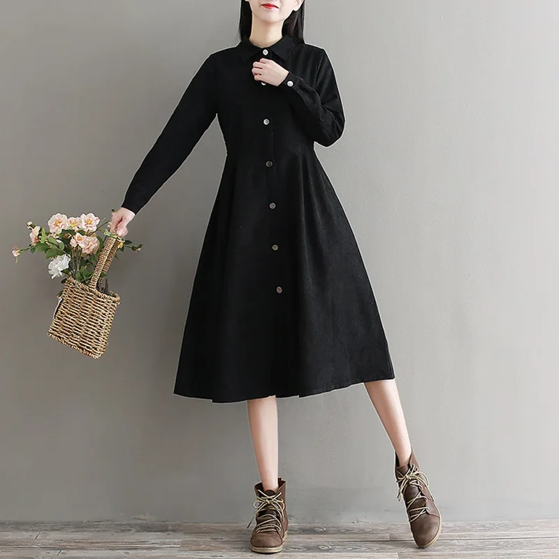 

Black Shirt Dress 2019 Spring Autumn Robe Vintage Femme A Line Cotton Linen Single-Breasted New Dresses Women 2019 DD1673 S