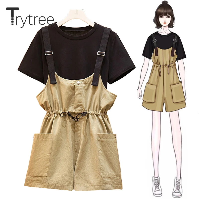 

Trytree Summer Women two piece Set Casual Solid Cotton Polyester Tops + Bib Shorts Drawstring Pockets 2 Colors Suit 2 Piece Set