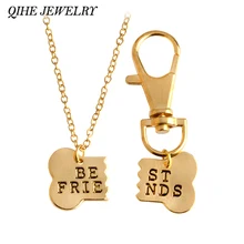 QIHE JEWELRY 2pcs set Gold Silver Color Dog Bone Best Friends Charm Necklace Keychain BFF Bones