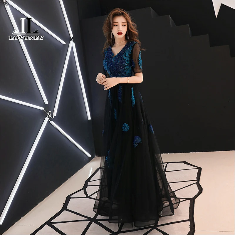 LOVONEY A Line V Neck Appliques Evening Dresses Long 2019 Elegant Woman Occasion Party Dresses Formal Evening Gowns MXN101